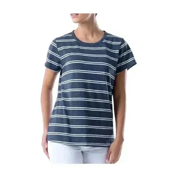 Time & Tru Women's Dark Navy/Vivid White Cotton/Poly Striped T-Shirt NEW - Picture 3 of 8